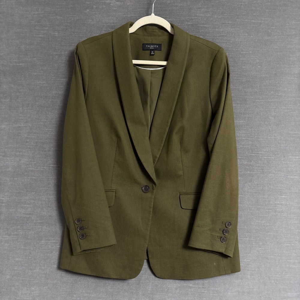 Talbots Blazer 16 Petite Olive Green Cotton Linen Shawl Professional Career Work